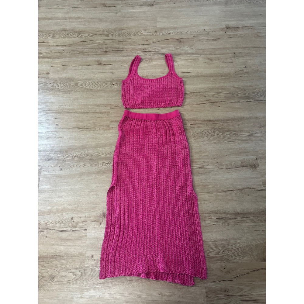 Free People FP Beach Womens S Pink Crochet Knit Crop Top Maxi Skirt 2 Piece Set